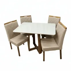 Mesa De Jantar Bali 120x90cm Com Vidro E 4 Cadeiras California Em Veludo Estofadas Minas Plac Cinamomo Off White Com Tecido Bege 26761
