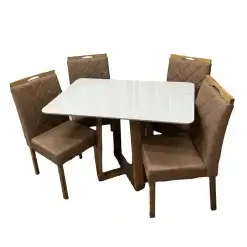 Mesa De Jantar Bali 120x90cm Com Vidro E 4 Cadeiras California Em Veludo Estofadas Minas Plac Cinamomo Off White Com Tecido Marrom 88839