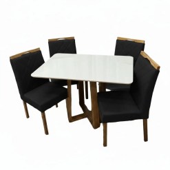 Mesa De Jantar Bali 120x90cm Com Vidro E 4 Cadeiras California Em Veludo Estofadas Minas Plac Cinamomo Off White Com Tecido Preto 18196