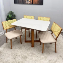 Mesa De Jantar Bali 120x90cm Com Vidro E 4 Cadeiras Diamante Em Linho Madeira Minas Plac 90570