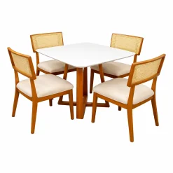 Mesa De Jantar Bali 120x90cm Com Vidro E 4 Cadeiras Diamante Em Linho Madeira Minas Plac Cinamomo Off White Com Tecido Bege 52300