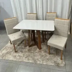 Mesa De Jantar Bali 120x90cm Com Vidro E 4 Cadeiras Giulia Em Linho Estofadas Minas Plac 20738