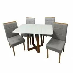 Mesa De Jantar Bali 120x90cm Com Vidro E 4 Cadeiras Giulia Em Linho Estofadas Minas Plac Cinamomo Off White Com Tecido Cinza 19355