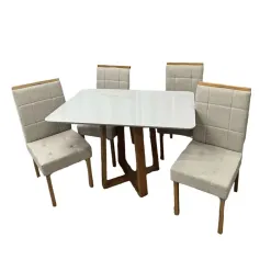 Mesa De Jantar Bali 120x90cm Com Vidro E 4 Cadeiras Giulia Em Veludo Estofadas Minas Plac Cinamomo Off White Com Tecido Bege 57634