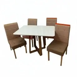 Mesa De Jantar Bali 120x90cm Com Vidro E 4 Cadeiras Giulia Em Veludo Estofadas Minas Plac Cinamomo Off White Com Tecido Marrom 31719