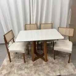 Mesa De Jantar Bali 120x90cm Com Vidro E 4 Cadeiras Grecia Em Linho Madeira Minas Plac 95438