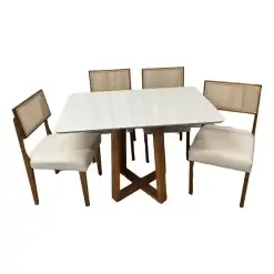 Mesa De Jantar Bali 120x90cm Com Vidro E 4 Cadeiras Grecia Em Linho Madeira Minas Plac Cinamomo Off White Com Tecido Bege 39295