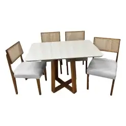 Mesa De Jantar Bali 120x90cm Com Vidro E 4 Cadeiras Grecia Em Linho Madeira Minas Plac Cinamomo Off White Com Tecido Cinza 36888
