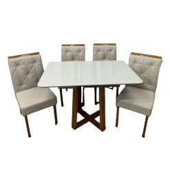 Mesa De Jantar Bali 120x90cm Com Vidro E 4 Cadeiras Jasmim Em Linho Estofadas Minas Plac Cinamomo Off White Com Tecido Bege 96404