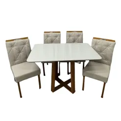 Mesa De Jantar Bali 120x90cm Com Vidro E 4 Cadeiras Jasmim Em Linho Estofadas Minas Plac Cinamomo Off White Com Tecido Bege 96404