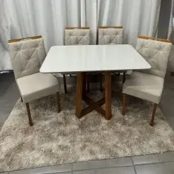 Mesa De Jantar Bali 120x90cm Com Vidro E 4 Cadeiras Jasmim Em Veludo Estofadas Minas Plac 50812