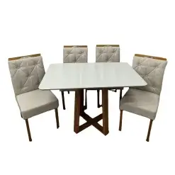 Mesa De Jantar Bali 120x90cm Com Vidro E 4 Cadeiras Jasmim Em Veludo Estofadas Minas Plac Cinamomo Off White Com Tecido Bege 54186