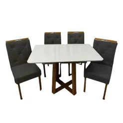 Mesa De Jantar Bali 120x90cm Com Vidro E 4 Cadeiras Jasmim Em Veludo Estofadas Minas Plac Cinamomo Off White Com Tecido Preto 53587