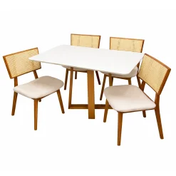 Mesa De Jantar Bali 120x90cm Com Vidro E 4 Cadeiras Livia Em Linho Madeira Minas Plac Cinamomo Off White Com Tecido Bege 78104