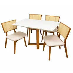 Mesa De Jantar Bali 120x90cm Com Vidro E 4 Cadeiras Livia Em Linho Madeira Minas Plac Cinamomo Off White Com Tecido Bege 78104