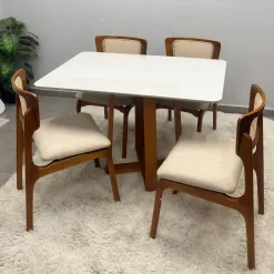 Mesa De Jantar Bali 120x90cm Com Vidro E 4 Cadeiras New Viena Em Linho Madeira Minas Plac 65318