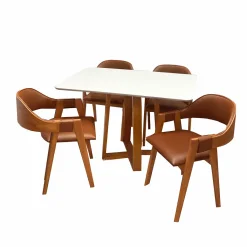 Mesa De Jantar Bali 120x90cm Com Vidro E 4 Cadeiras Perola Em Corino Madeira Minas Plac Cinamomo Off White Com Tecido Marrom 91809