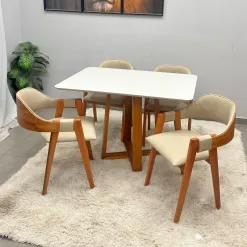 Mesa De Jantar Bali 120x90cm Com Vidro E 4 Cadeiras Perola Em Linho Madeira Minas Plac 67997
