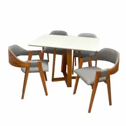 Mesa De Jantar Bali 120x90cm Com Vidro E 4 Cadeiras Perola Em Linho Madeira Minas Plac Cinamomo Off White Com Tecido Cinza 27261