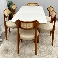 Mesa De Jantar Bali 160x90cm Com Vidro E 6 Cadeiras Athenas Em Linho Madeira Minas Plac 56335