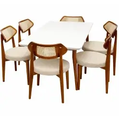 Mesa De Jantar Bali 160x90cm Com Vidro E 6 Cadeiras Athenas Em Linho Madeira Minas Plac Cinamomo Off White Com Tecido Bege 32742