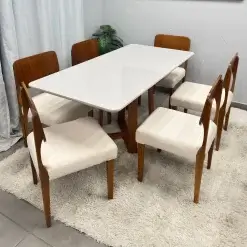 Mesa De Jantar Bali 160x90cm Com Vidro E 6 Cadeiras Barcelona Em Linho Madeira Minas Plac 79793