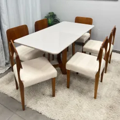 Mesa De Jantar Bali 160x90cm Com Vidro E 6 Cadeiras Barcelona Em Linho Madeira Minas Plac 79793