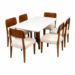 Mesa De Jantar Bali 160x90cm Com Vidro E 6 Cadeiras Barcelona Em Linho Madeira Minas Plac Cinamomo Off White Com Tecido Bege 71604