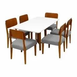 Mesa De Jantar Bali 160x90cm Com Vidro E 6 Cadeiras Barcelona Em Linho Madeira Minas Plac Cinamomo Off White Com Tecido Cinza 45927