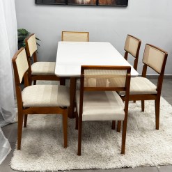 Mesa De Jantar Bali 160x90cm Com Vidro E 6 Cadeiras Canada Em Linho Madeira Minas Plac 73526
