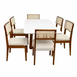 Mesa De Jantar Bali 160x90cm Com Vidro E 6 Cadeiras Canada Em Linho Madeira Minas Plac Cinamomo Off White Com Tecido Bege 26420