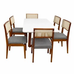 Mesa De Jantar Bali 160x90cm Com Vidro E 6 Cadeiras Canada Em Linho Madeira Minas Plac Cinamomo Off White Com Tecido Cinza 93865