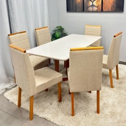 Mesa De Jantar Bali 160x90cm Com Vidro E 6 Cadeiras Giulia Em Linho Estofadas Minas Plac 35750