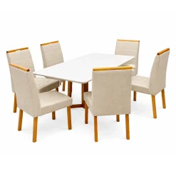 Mesa De Jantar Bali 160x90cm Com Vidro E 6 Cadeiras Giulia Em Linho Estofadas Minas Plac Cinamomo Off White Com Tecido Bege 14464