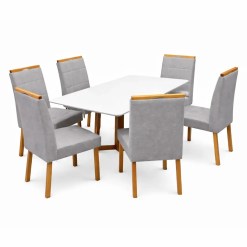 Mesa De Jantar Bali 160x90cm Com Vidro E 6 Cadeiras Giulia Em Linho Estofadas Minas Plac Cinamomo Off White Com Tecido Cinza 24935