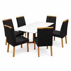 Mesa De Jantar Bali 160x90cm Com Vidro E 6 Cadeiras Giulia Em Veludo Estofadas Minas Plac Cinamomo Off White Com Tecido Preto 12392