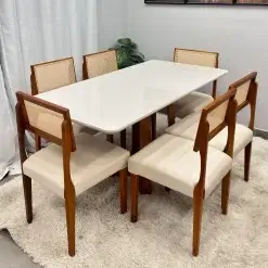 Mesa De Jantar Bali 160x90cm Com Vidro E 6 Cadeiras Grecia Em Linho Madeira Minas Plac 42231