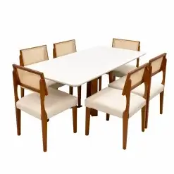 Mesa De Jantar Bali 160x90cm Com Vidro E 6 Cadeiras Grecia Em Linho Madeira Minas Plac Cinamomo Off White Com Tecido Bege 49698