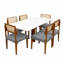 Mesa De Jantar Bali 160x90cm Com Vidro E 6 Cadeiras Grecia Em Linho Madeira Minas Plac Cinamomo Off White Com Tecido Cinza 62365