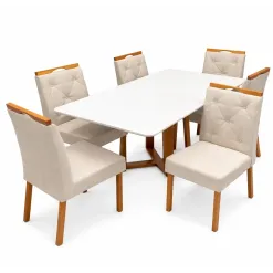 Mesa De Jantar Bali 160x90cm Com Vidro E 6 Cadeiras Jasmim Em Linho Estofadas Minas Plac Cinamomo Off White Com Tecido Bege 34242