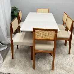 Mesa De Jantar Bali 160x90cm Com Vidro E 6 Cadeiras Monalisa Em Linho Madeira Minas Plac 70252