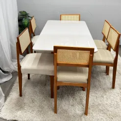 Mesa De Jantar Bali 160x90cm Com Vidro E 6 Cadeiras Monalisa Em Linho Madeira Minas Plac 70252