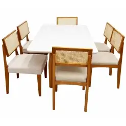 Mesa De Jantar Bali 160x90cm Com Vidro E 6 Cadeiras Monalisa Em Linho Madeira Minas Plac Cinamomo Off White Com Tecido Bege 83632