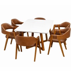 Mesa De Jantar Bali 160x90cm Com Vidro E 6 Cadeiras Perola Em Corino Madeira Minas Plac Cinamomo Off White Com Tecido Marrom 21124