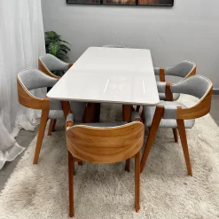 Mesa De Jantar Bali 160x90cm Com Vidro E 6 Cadeiras Perola Em Linho Madeira Minas Plac 39402