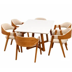 Mesa De Jantar Bali 160x90cm Com Vidro E 6 Cadeiras Perola Em Linho Madeira Minas Plac Cinamomo Off White Com Tecido Bege 89921