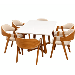 Mesa De Jantar Bali 160x90cm Com Vidro E 6 Cadeiras Perola Em Linho Madeira Minas Plac Cinamomo Off White Com Tecido Bege 89921