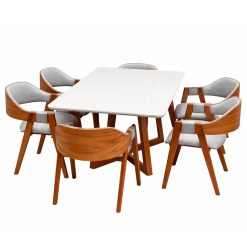 Mesa De Jantar Bali 160x90cm Com Vidro E 6 Cadeiras Perola Em Linho Madeira Minas Plac Cinamomo Off White Com Tecido Cinza 50021