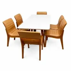 Mesa De Jantar Bali 160x90cm Com Vidro E 6 Cadeiras Sofia Em Corino Estofadas Minas Plac Cinamomo Off White Com Tecido Marrom 99034