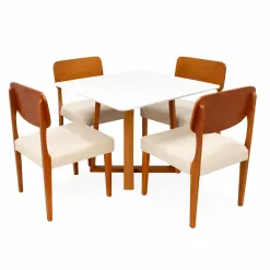 Mesa De Jantar Bali 90x90cm Com Vidro E 4 Cadeiras Barcelona Em Linho Madeira Minas Plac Cinamomo Off White Com Tecido Bege 35309